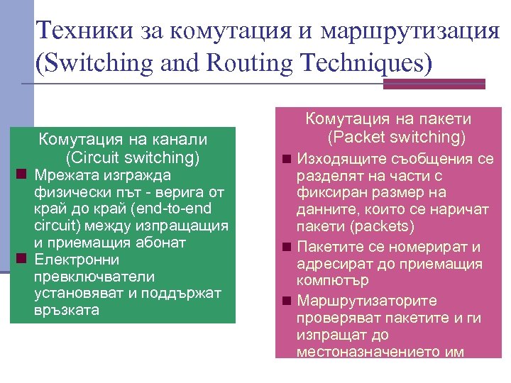 Техники за комутация и маршрутизация (Switching and Routing Techniques) Комутация на канали (Circuit switching)
