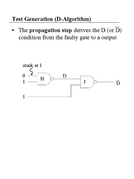 Test Generation (D-Algorithm) • The propagation step derives the D (or D) condition from