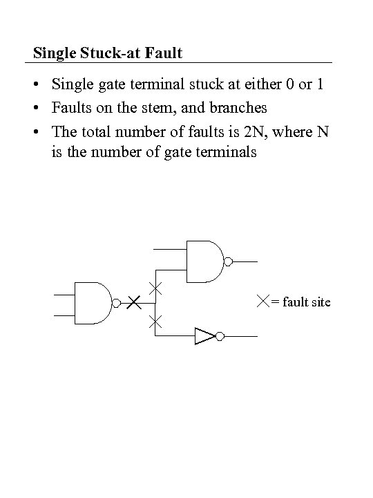 Single Stuck-at Fault • Single gate terminal stuck at either 0 or 1 •