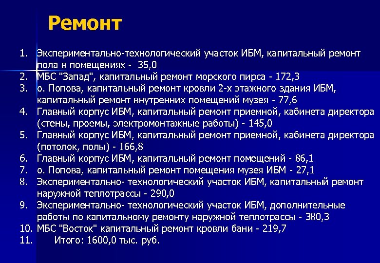 Ремонт 1. Экспериментально-технологический участок ИБМ, капитальный ремонт пола в помещениях - 35, 0 2.