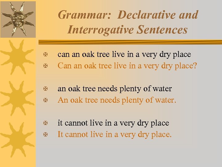 Grammar: Declarative and Interrogative Sentences X X X can an oak tree live in