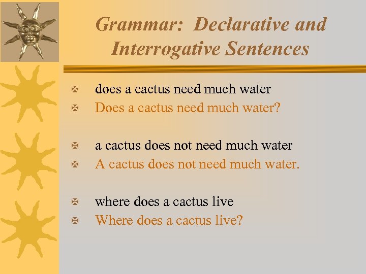 Grammar: Declarative and Interrogative Sentences X X X does a cactus need much water