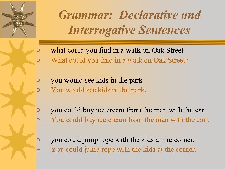 Grammar: Declarative and Interrogative Sentences X X X X what could you find in