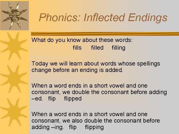 Phonics: Inflected Endings What do you know about these words: fills filled filling Today