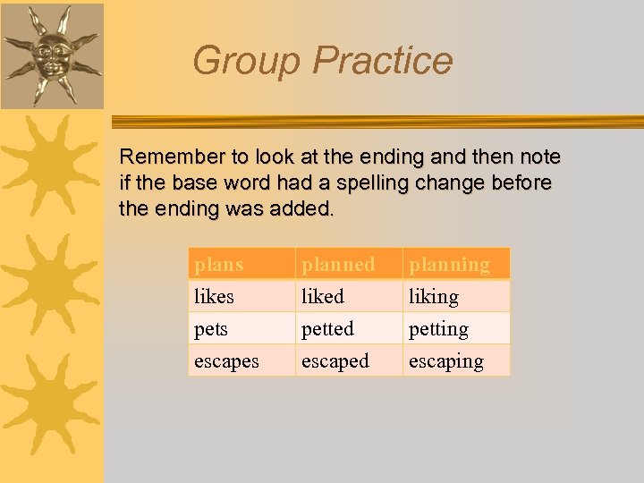 Group Practice Remember to look at the ending and then note if the base