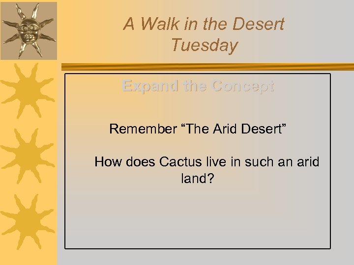 A Walk in the Desert Tuesday Expand the Concept Remember “The Arid Desert” How