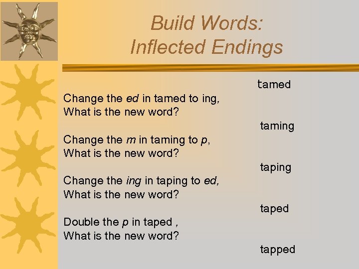 Build Words: Inflected Endings tamed Change the ed in tamed to ing, What is