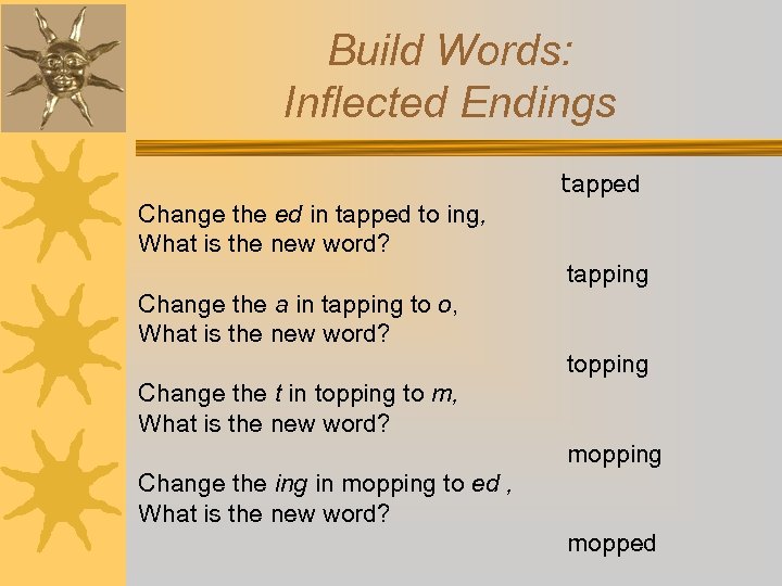 Build Words: Inflected Endings tapped Change the ed in tapped to ing, What is