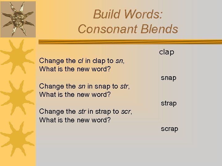 Build Words: Consonant Blends clap Change the cl in clap to sn, What is