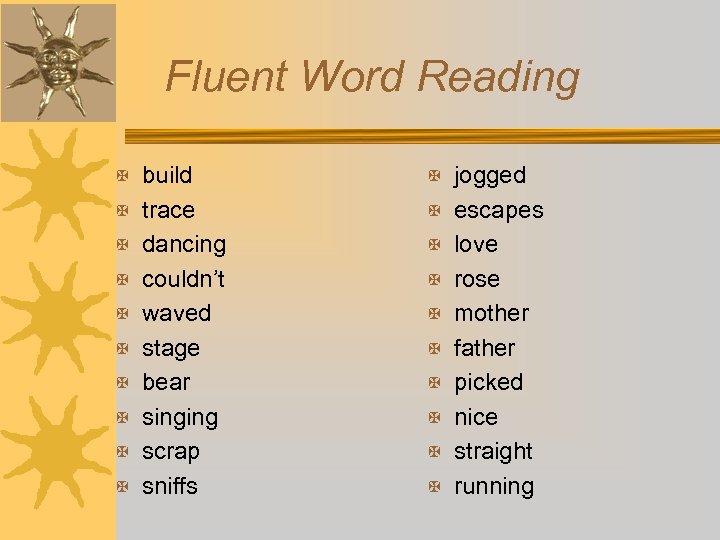 Fluent Word Reading X build X jogged X trace X escapes X dancing X