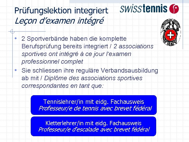 Prüfungslektion integriert Leçon d’examen intégré • 2 Sportverbände haben die komplette Berufsprüfung bereits integriert