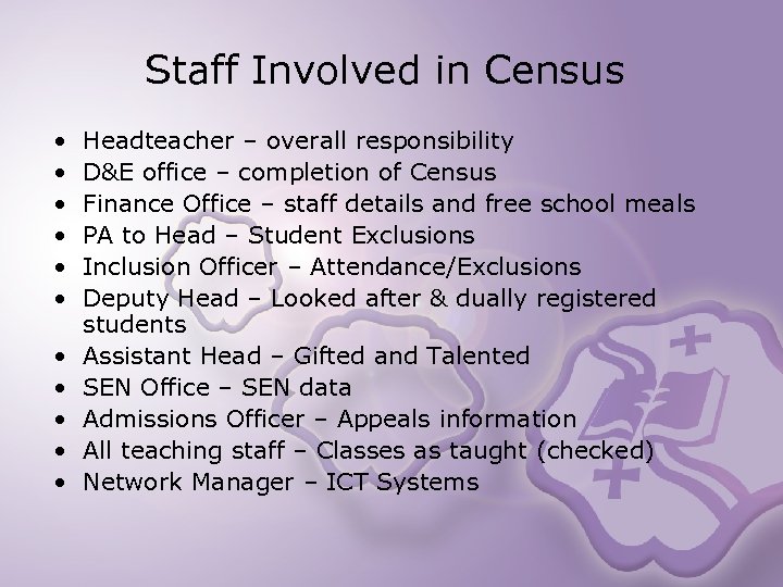 Staff Involved in Census • • • Headteacher – overall responsibility D&E office –