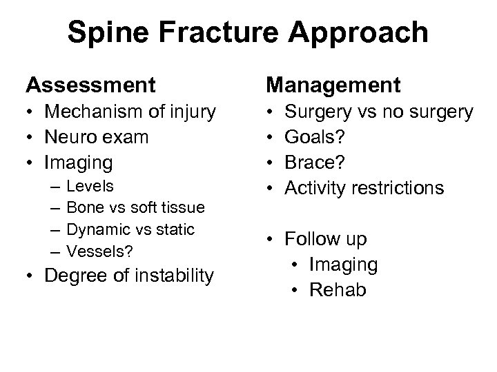 Spine Fracture Approach Assessment Management • Mechanism of injury • Neuro exam • Imaging