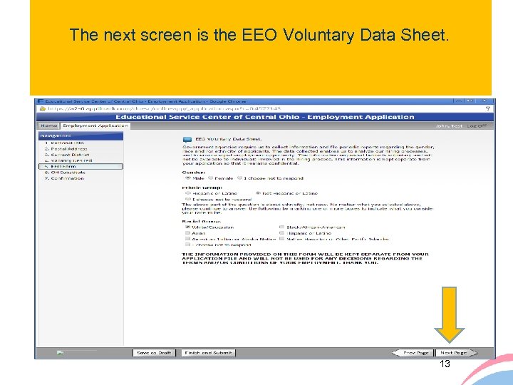 The next screen is the EEO Voluntary Data Sheet. 13 