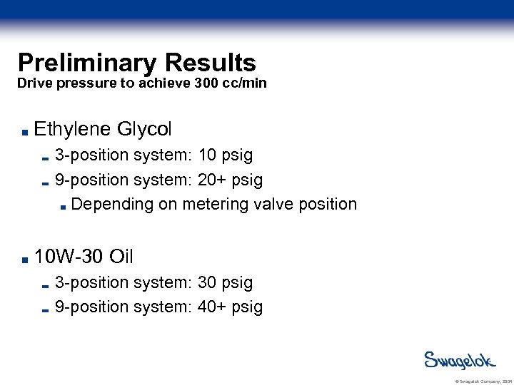 Preliminary Results Drive pressure to achieve 300 cc/min Ethylene Glycol 3 -position system: 10