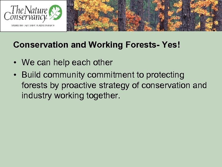 Conservation and Working Forests- Yes! • We can help each other • Build community