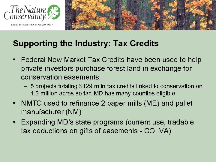 Supporting the Industry: Tax Credits • Federal New Market Tax Credits have been used