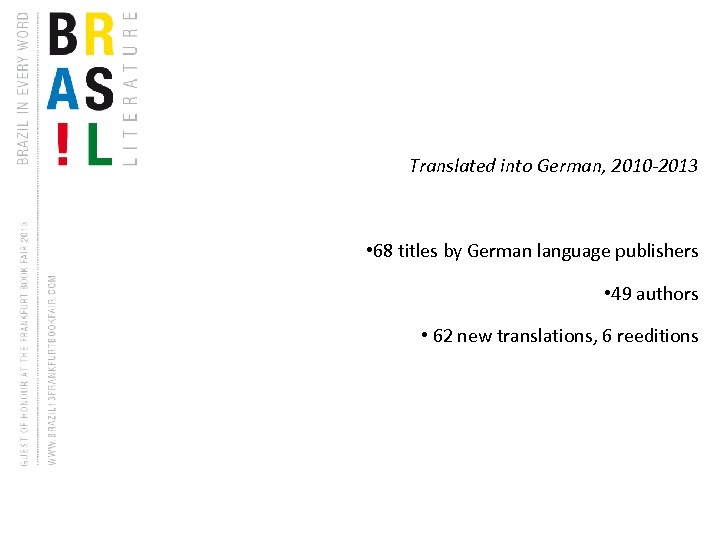 Translated into German, 2010 -2013 • 68 titles by German language publishers • 49