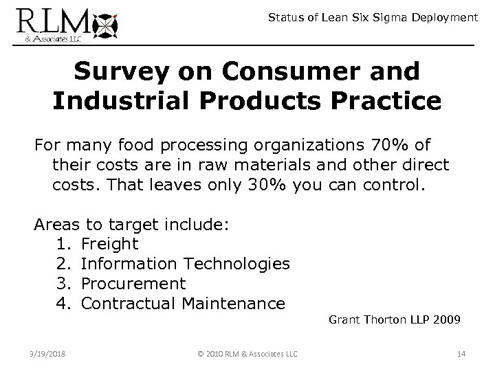 Status of Lean Six Sigma Deployment Survey on Consumer and Industrial Products Practice For
