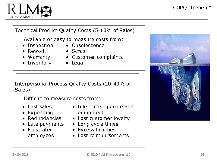COPQ “Iceberg” Technical Product Quality Costs (5 -10% of Sales) Available or easy to