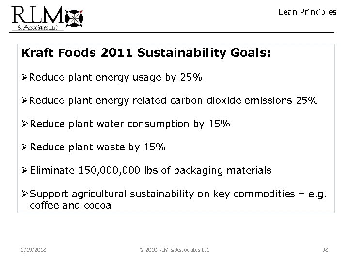 Lean Principles Kraft Foods 2011 Sustainability Goals: ØReduce plant energy usage by 25% ØReduce