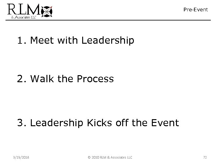 Pre-Event 1. Meet with Leadership 2. Walk the Process 3. Leadership Kicks off the