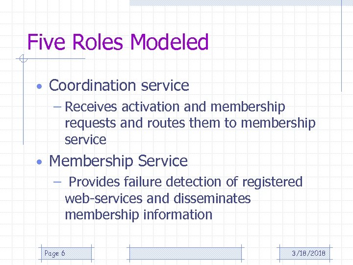 Five Roles Modeled • Coordination service – Receives activation and membership requests and routes