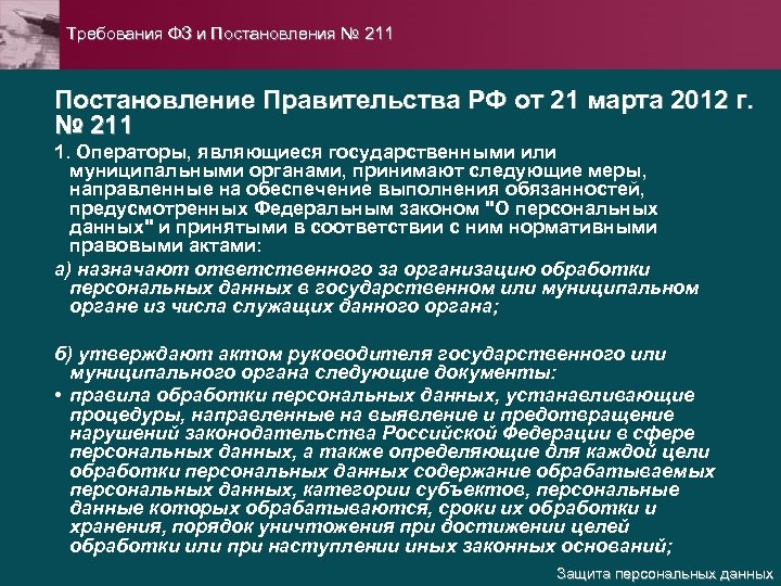 Требования ФЗ и Постановления № 211 Постановление Правительства РФ от 21 марта 2012 г.
