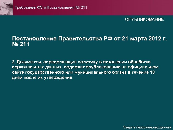 Требования ФЗ и Постановления № 211 ОПУБЛИКОВАНИЕ Постановление Правительства РФ от 21 марта 2012