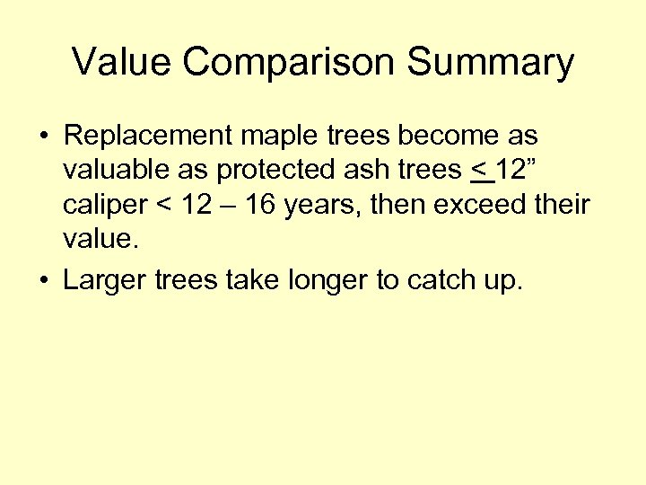 Value Comparison Summary • Replacement maple trees become as valuable as protected ash trees