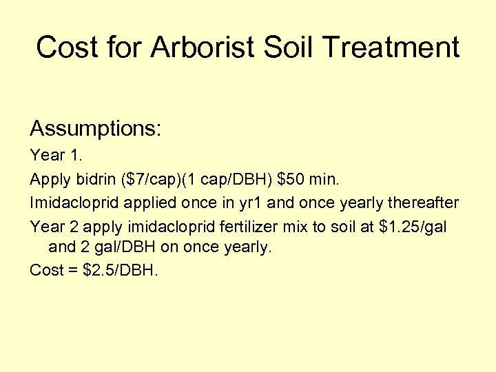 Cost for Arborist Soil Treatment Assumptions: Year 1. Apply bidrin ($7/cap)(1 cap/DBH) $50 min.