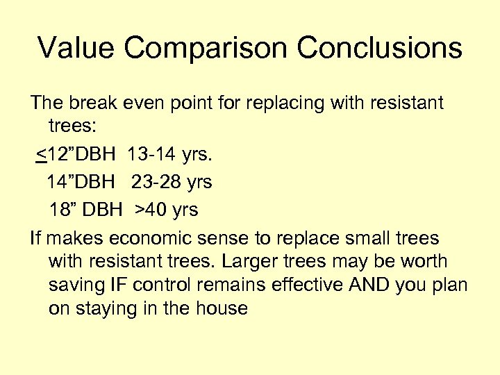 Value Comparison Conclusions The break even point for replacing with resistant trees: <12”DBH 13