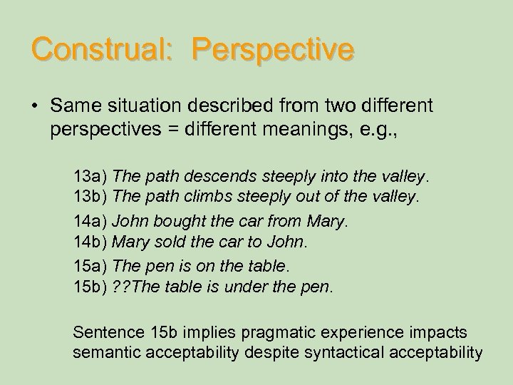 Construal: Perspective • Same situation described from two different perspectives = different meanings, e.