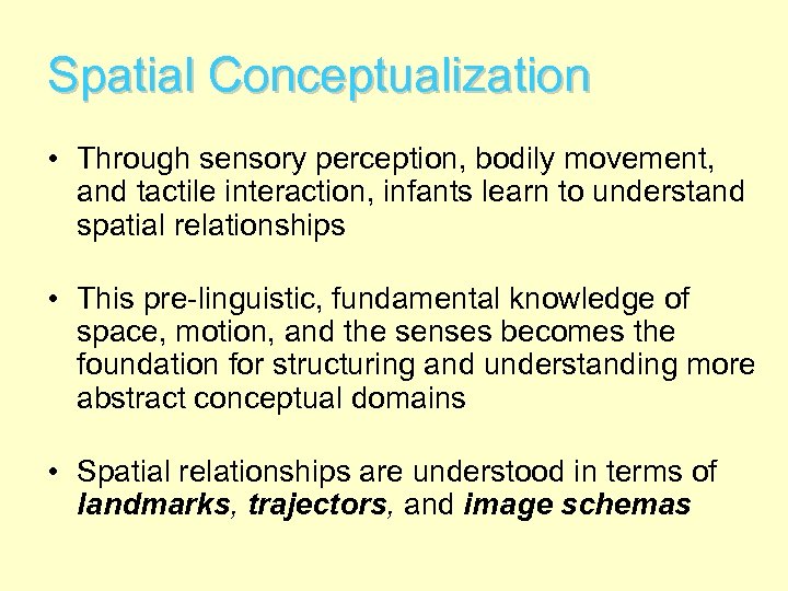 Spatial Conceptualization • Through sensory perception, bodily movement, and tactile interaction, infants learn to