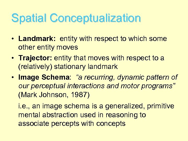 Spatial Conceptualization • Landmark: entity with respect to which some other entity moves •