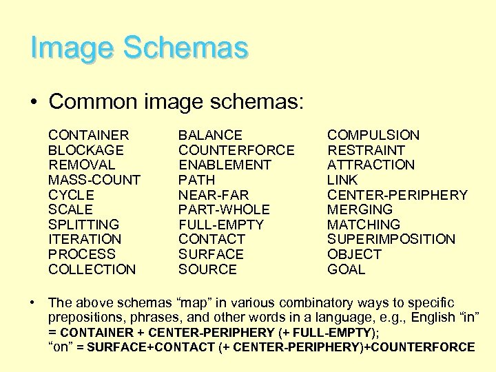 Image Schemas • Common image schemas: CONTAINER BLOCKAGE REMOVAL MASS-COUNT CYCLE SCALE SPLITTING ITERATION