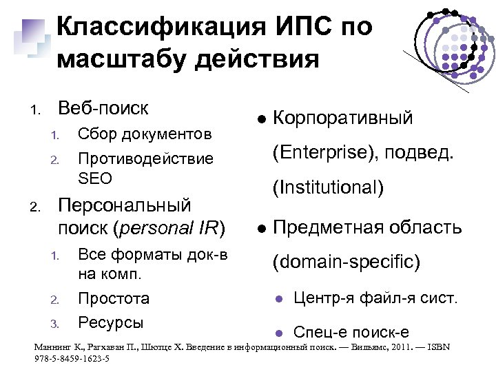 Классификация ИПС по масштабу действия 1. Веб-поиск 1. 2. Сбор документов Противодействие SEO Персональный