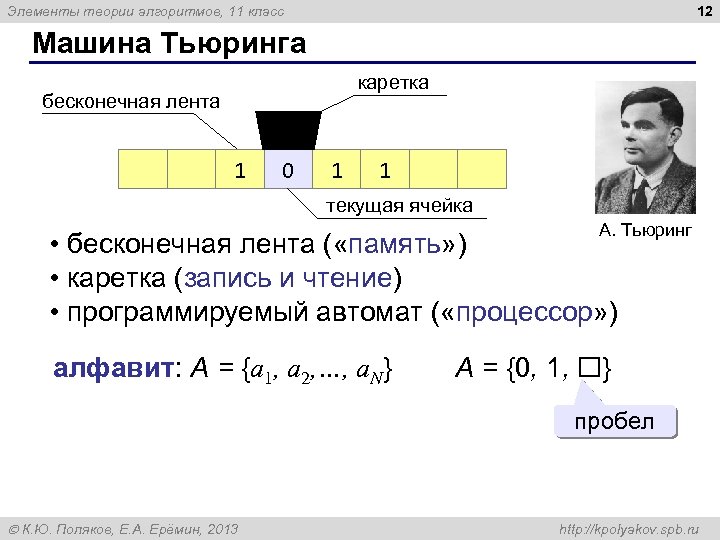 12 Элементы теории алгоритмов, 11 класс Машина Тьюринга каретка бесконечная лента 1 0 1