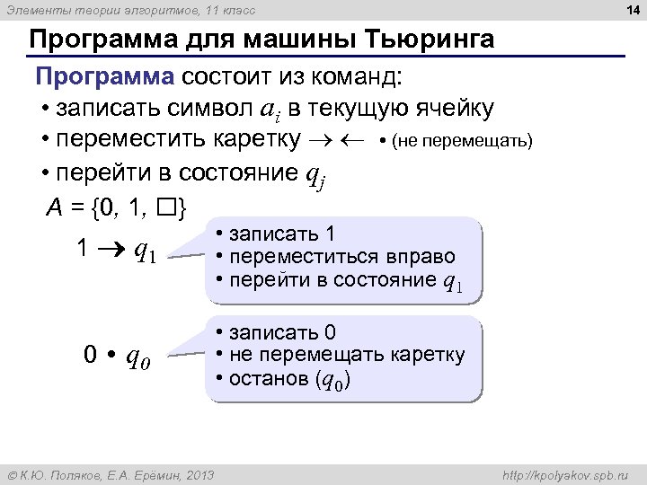 14 Элементы теории алгоритмов, 11 класс Программа для машины Тьюринга Программа состоит из команд: