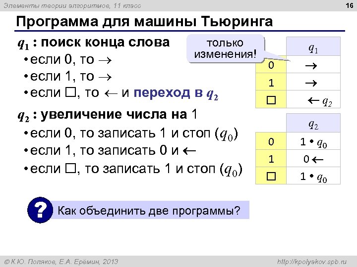 16 Элементы теории алгоритмов, 11 класс Программа для машины Тьюринга q 1 : поиск