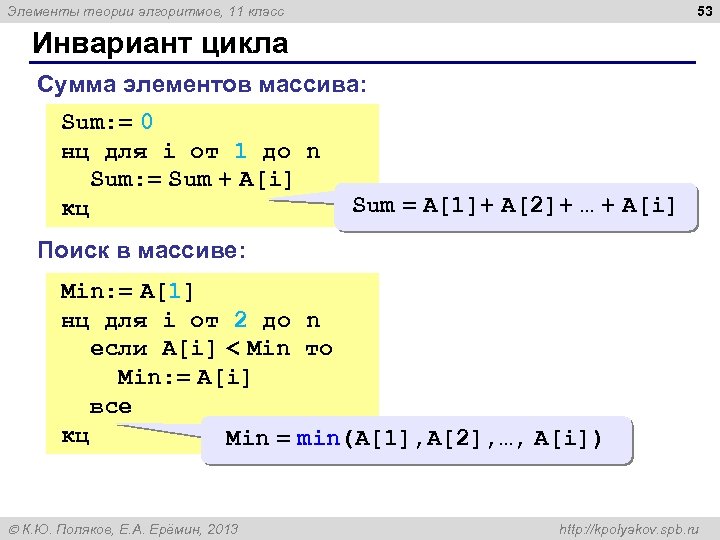 53 Элементы теории алгоритмов, 11 класс Инвариант цикла Сумма элементов массива: Sum: = 0