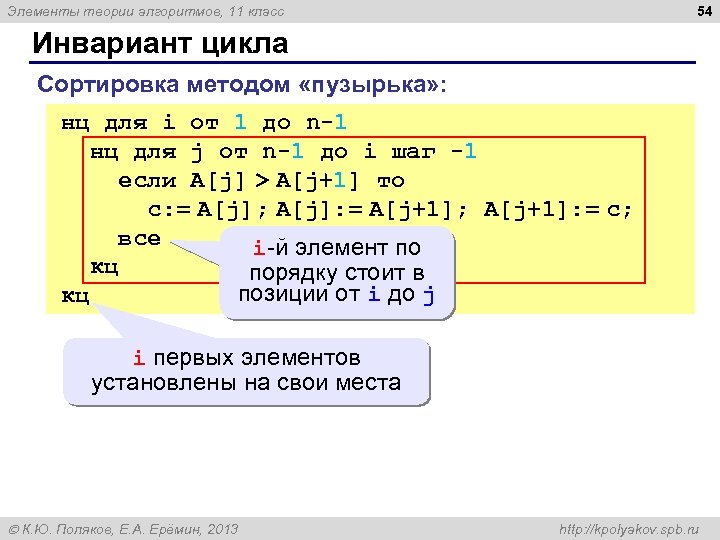 54 Элементы теории алгоритмов, 11 класс Инвариант цикла Сортировка методом «пузырька» : нц для