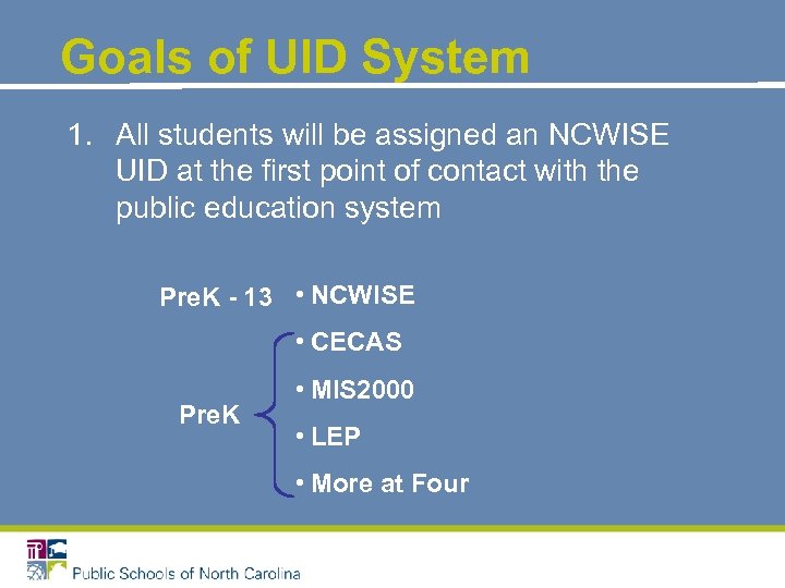 Goals of UID System 1. All students will be assigned an NCWISE UID at