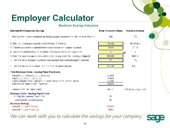 Employer Calculator We can work with you to calculate the savings for your company.