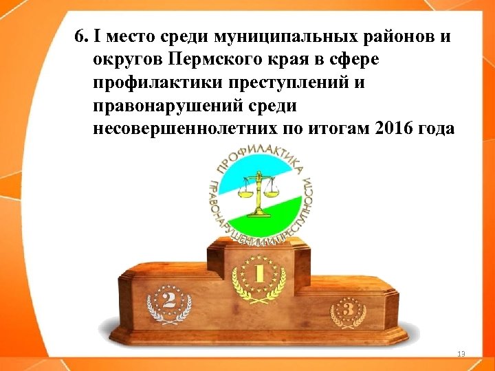 6. I место среди муниципальных районов и округов Пермского края в сфере профилактики преступлений