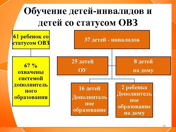 Обучение детей-инвалидов и детей со статусом ОВЗ 61 ребенок со статусом ОВЗ 67 %