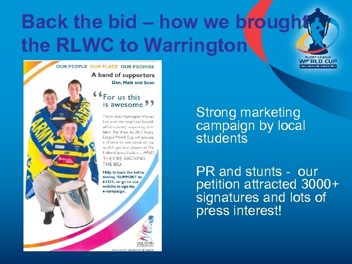 Back the bid – how we brought the RLWC to Warrington Strong marketing campaign