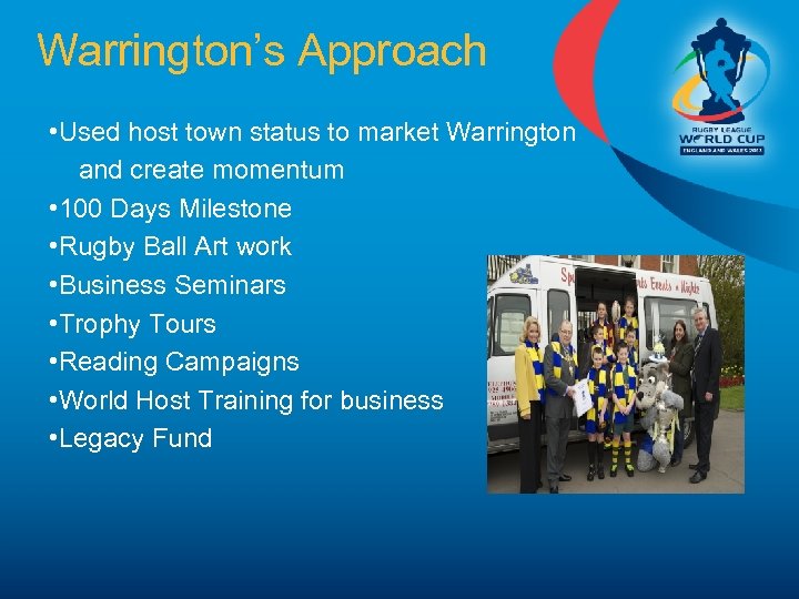 Warrington’s Approach • Used host town status to market Warrington and create momentum •