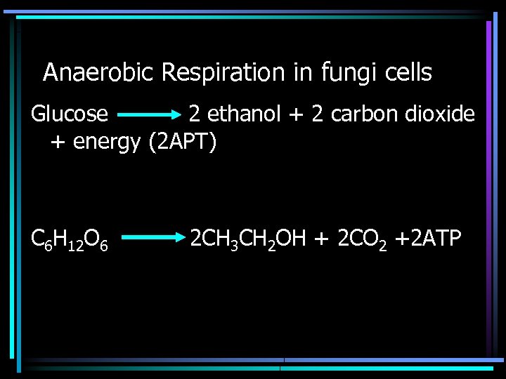 Anaerobic Respiration in fungi cells Glucose 2 ethanol + 2 carbon dioxide + energy