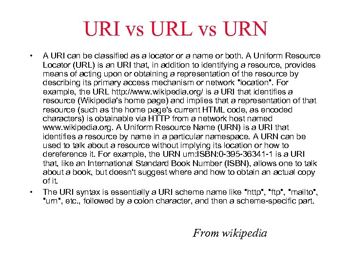 URI vs URL vs URN • • A URI can be classified as a